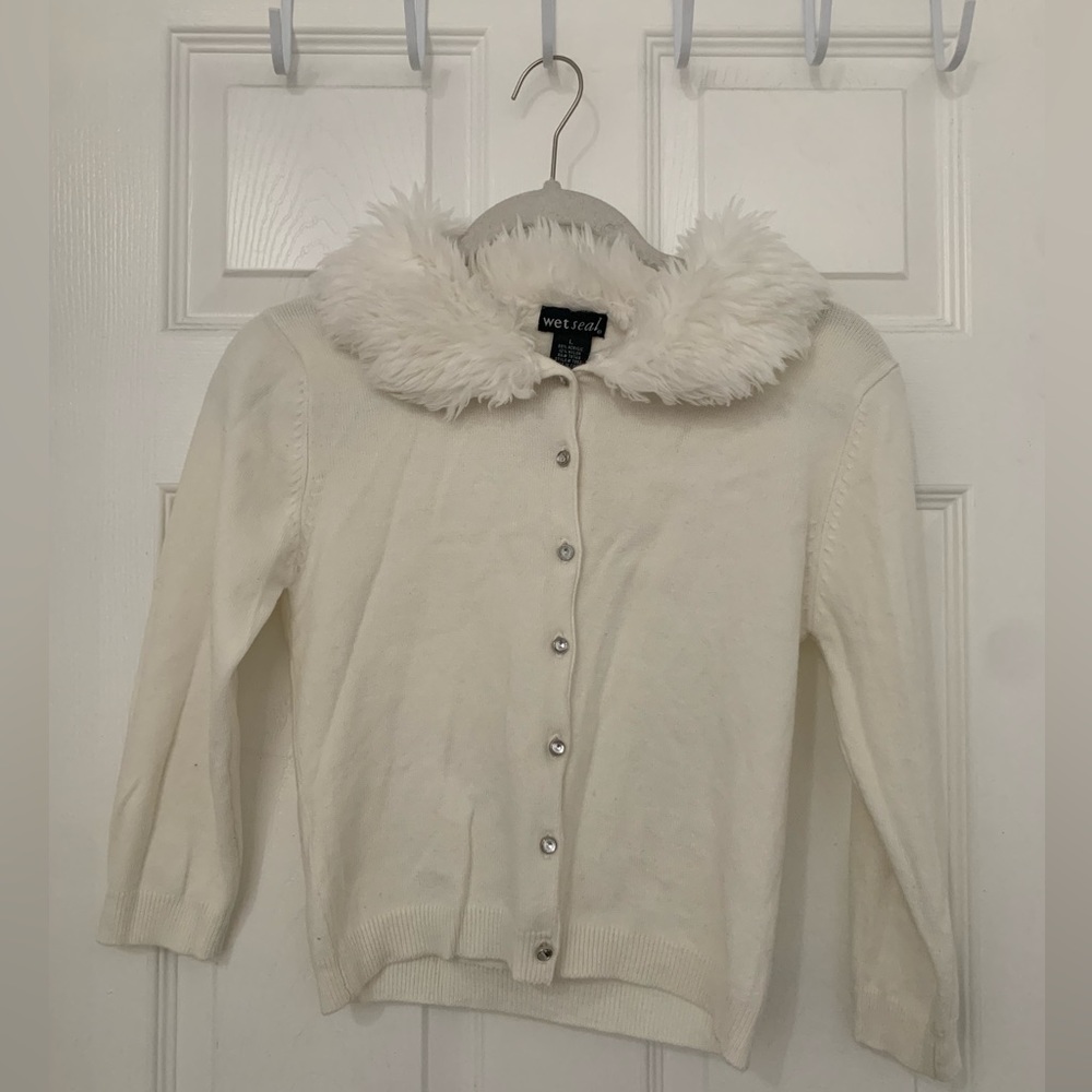 White Wet Seal Faux Fur Neck Gem Buttoned Cardigan